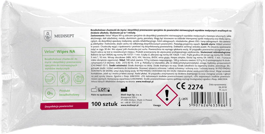 MEDISEPT VELOX WIPES NA Chusteczki do dezynfekcji bez alkoholu a100 wkład